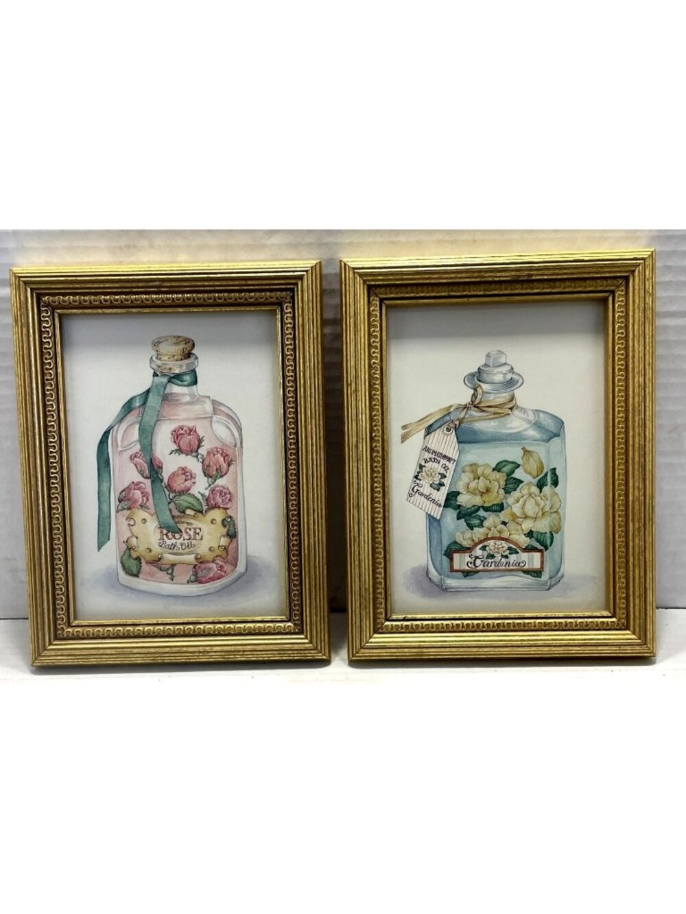 Apothecary prints Bath Oil Bottle in Gold frames Shabby Chic 5x7 Vintage